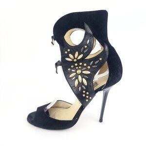 Jimmy Choo Heels Black Suede Floral Beaded Cutout Ankle Cuff Sandals Size 38